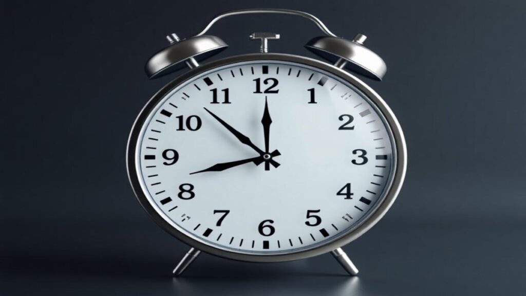 A close-up image of an analogue clock with a round white face, black hour and minute hands.