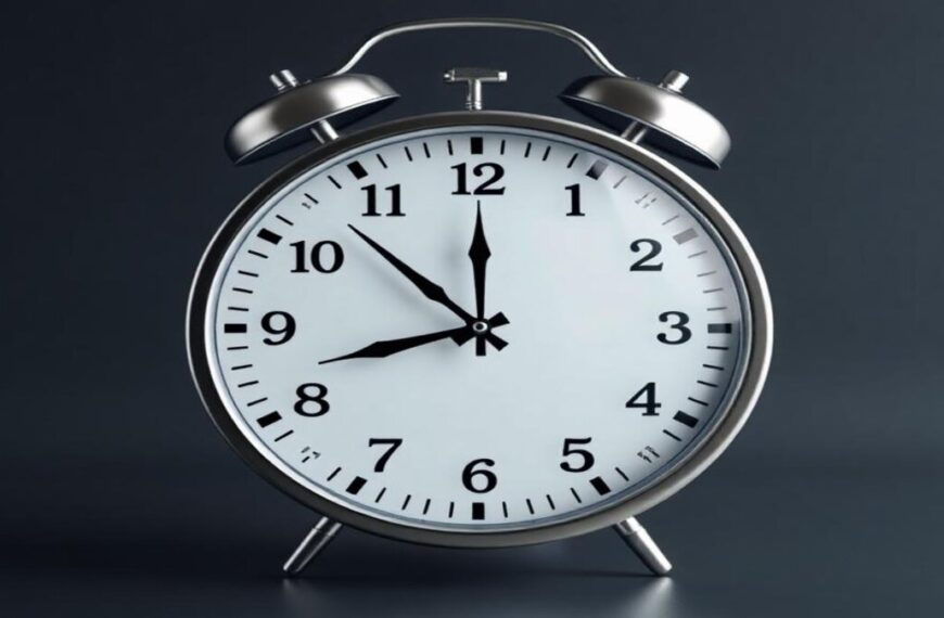 A close-up image of an analogue clock with a round white face, black hour and minute hands.