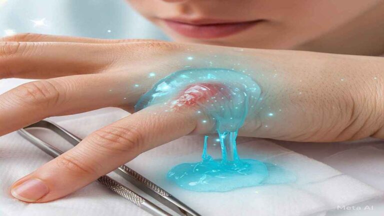 Close-up of a shimmering gel being applied to a person's wounded skin.
