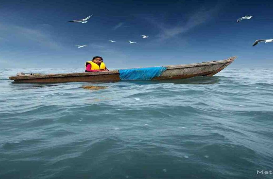 A young child sitting in a small boat on a bright blue sea, surrounded by sparkling waves under a clear, sunny sky. The child is wearing a colorful life jacket as well