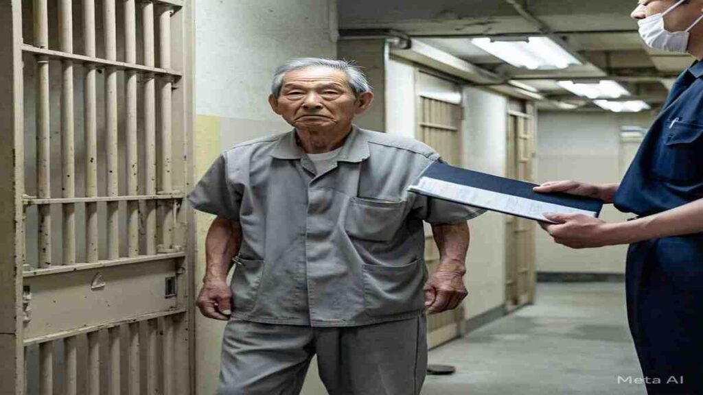 an old japanese man being released from jail. this is an ai generated image for an article on the Iwao Hakamata