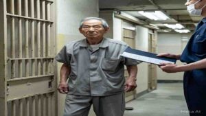 an old japanese man being released from jail. this is an ai generated image for an article on the Iwao Hakamata