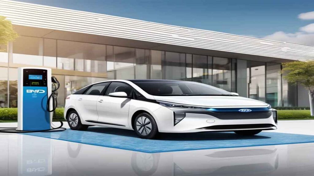 A BYD electric car parked at a charging station, with a sleek design and modern features.