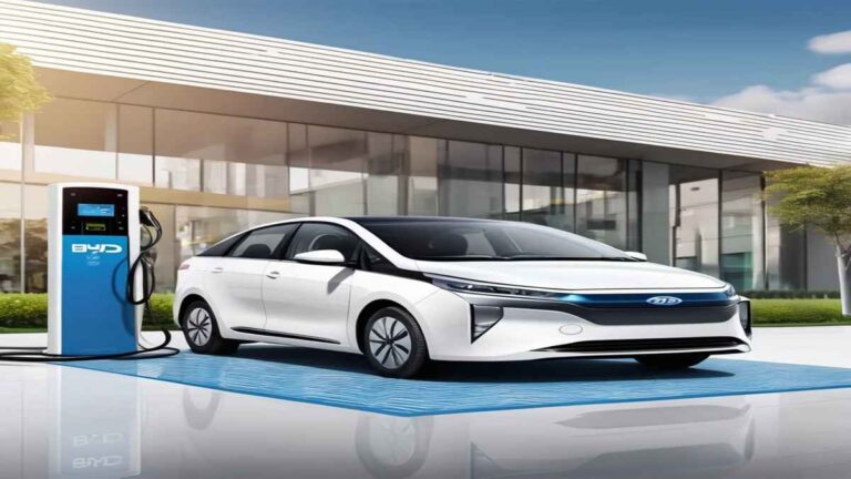 A BYD electric car parked at a charging station, with a sleek design and modern features.