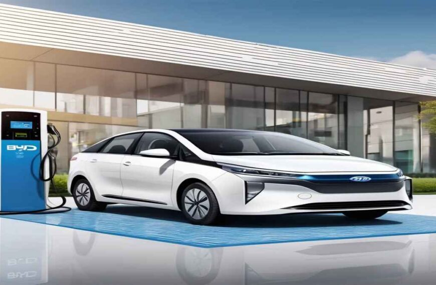 A BYD electric car parked at a charging station, with a sleek design and modern features.